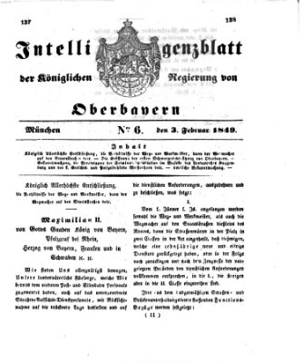 Intelligenzblatt der Königlichen Regierung von Oberbayern (Münchner Intelligenzblatt) Samstag 3. Februar 1849