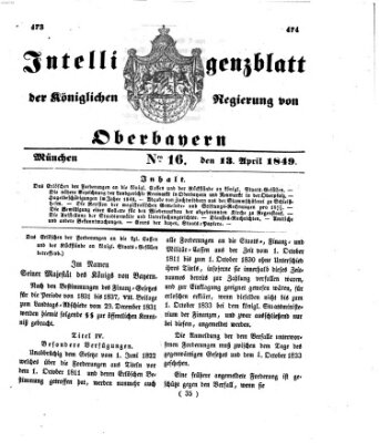 Intelligenzblatt der Königlichen Regierung von Oberbayern (Münchner Intelligenzblatt) Freitag 13. April 1849