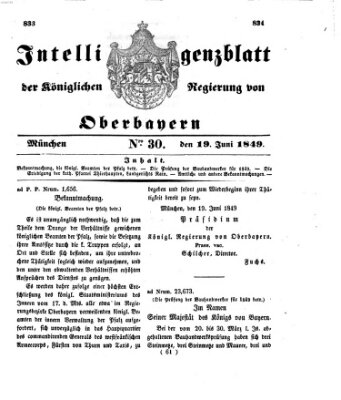 Intelligenzblatt der Königlichen Regierung von Oberbayern (Münchner Intelligenzblatt) Dienstag 19. Juni 1849