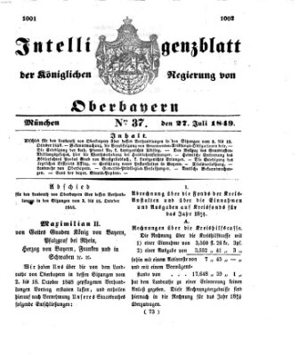 Intelligenzblatt der Königlichen Regierung von Oberbayern (Münchner Intelligenzblatt) Freitag 27. Juli 1849