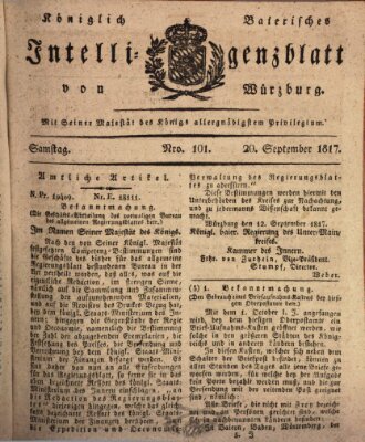 Königlich-baierisches Intelligenzblatt für das Großherzogthum Würzburg (Würzburger Intelligenzblatt) Samstag 20. September 1817