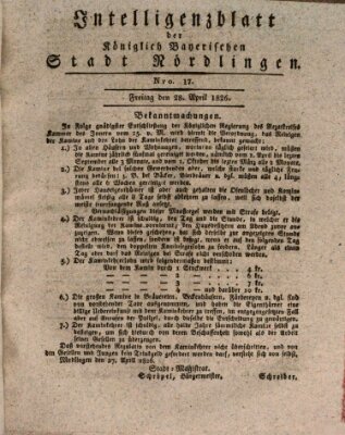Intelligenzblatt der Königlich Bayerischen Stadt Nördlingen Freitag 28. April 1826