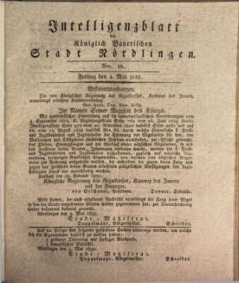 Intelligenzblatt der Königlich Bayerischen Stadt Nördlingen Freitag 4. Mai 1832