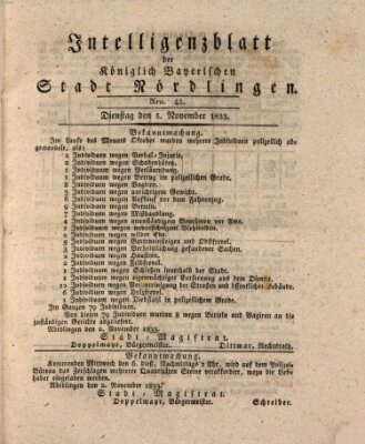 Intelligenzblatt der Königlich Bayerischen Stadt Nördlingen Dienstag 5. November 1833