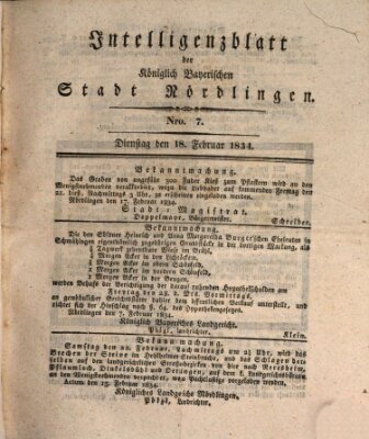 Intelligenzblatt der Königlich Bayerischen Stadt Nördlingen Dienstag 18. Februar 1834