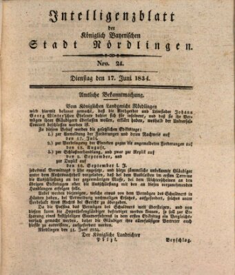 Intelligenzblatt der Königlich Bayerischen Stadt Nördlingen Dienstag 17. Juni 1834