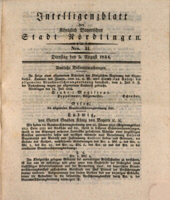 Intelligenzblatt der Königlich Bayerischen Stadt Nördlingen Dienstag 5. August 1834