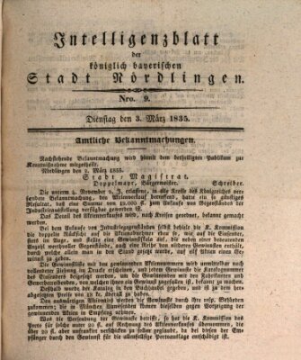 Intelligenzblatt der Königlich Bayerischen Stadt Nördlingen Dienstag 3. März 1835