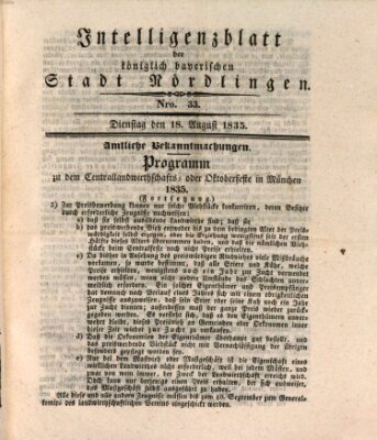 Intelligenzblatt der Königlich Bayerischen Stadt Nördlingen Dienstag 18. August 1835