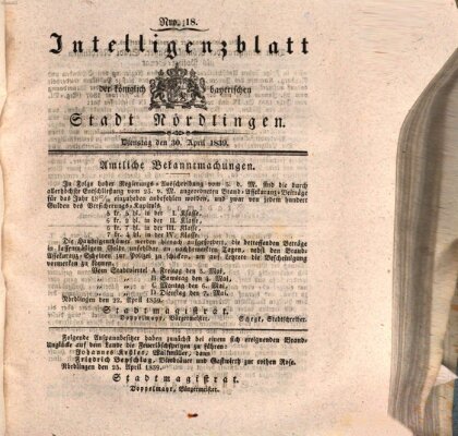 Intelligenzblatt der Königlich Bayerischen Stadt Nördlingen Dienstag 30. April 1839