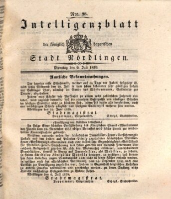 Intelligenzblatt der Königlich Bayerischen Stadt Nördlingen Dienstag 9. Juli 1839