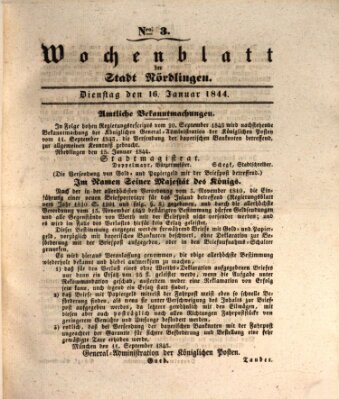 Wochenblatt der Stadt Nördlingen (Intelligenzblatt der Königlich Bayerischen Stadt Nördlingen) Dienstag 16. Januar 1844