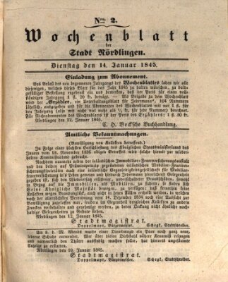 Wochenblatt der Stadt Nördlingen (Intelligenzblatt der Königlich Bayerischen Stadt Nördlingen) Dienstag 14. Januar 1845