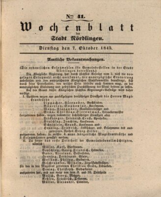 Wochenblatt der Stadt Nördlingen (Intelligenzblatt der Königlich Bayerischen Stadt Nördlingen) Dienstag 7. Oktober 1845
