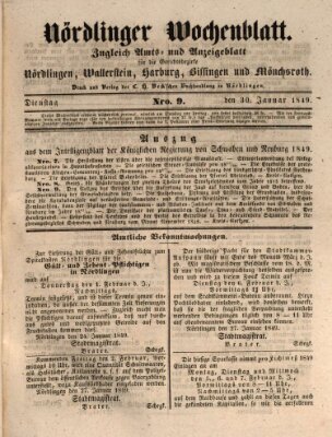 Nördlinger Wochenblatt (Intelligenzblatt der Königlich Bayerischen Stadt Nördlingen) Dienstag 30. Januar 1849