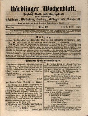 Nördlinger Wochenblatt (Intelligenzblatt der Königlich Bayerischen Stadt Nördlingen)