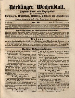 Nördlinger Wochenblatt (Intelligenzblatt der Königlich Bayerischen Stadt Nördlingen) Freitag 7. Dezember 1849