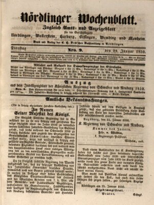 Nördlinger Wochenblatt (Intelligenzblatt der Königlich Bayerischen Stadt Nördlingen) Dienstag 29. Januar 1850