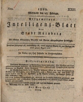 Allgemeines Intelligenz-Blatt der Stadt Nürnberg Mittwoch 23. Februar 1820