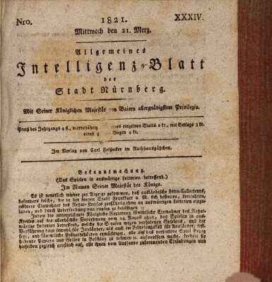 Allgemeines Intelligenz-Blatt der Stadt Nürnberg Mittwoch 21. März 1821