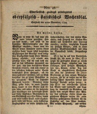 Churfürstlich gnädigst privilegirtes oberpfälzisch-staatistisches Wochenblat (Oberpfälzisches Wochenblat) Donnerstag 27. November 1794