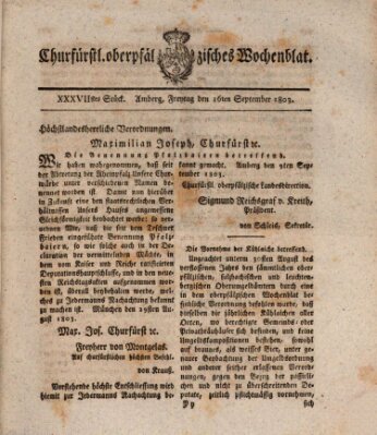 Churfürstl. Oberpfälzisches Wochenblat (Oberpfälzisches Wochenblat) Freitag 16. September 1803