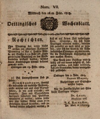 Oettingisches Wochenblatt Mittwoch 16. Februar 1803