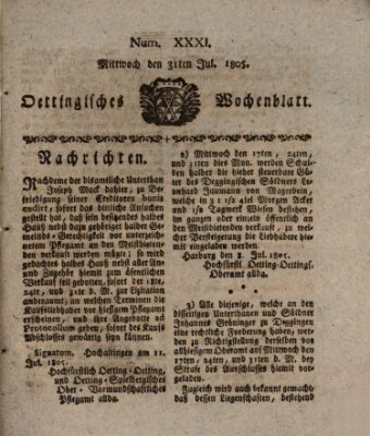 Oettingisches Wochenblatt Mittwoch 31. Juli 1805