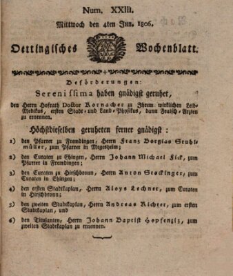 Oettingisches Wochenblatt Mittwoch 4. Juni 1806