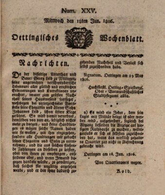 Oettingisches Wochenblatt Mittwoch 18. Juni 1806