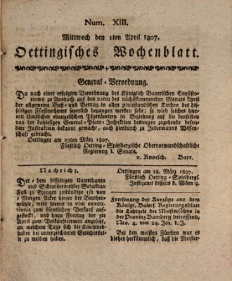 Oettingisches Wochenblatt Mittwoch 1. April 1807