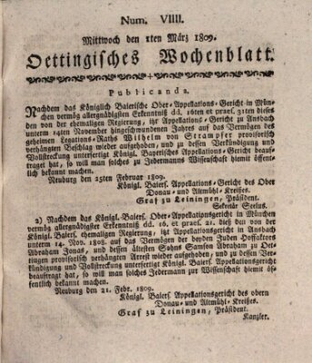 Oettingisches Wochenblatt Mittwoch 1. März 1809