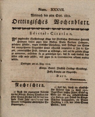 Oettingisches Wochenblatt Mittwoch 9. September 1812