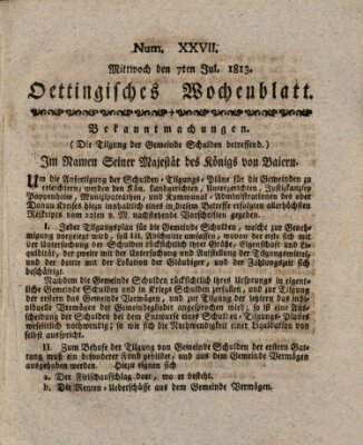 Oettingisches Wochenblatt Mittwoch 7. Juli 1813