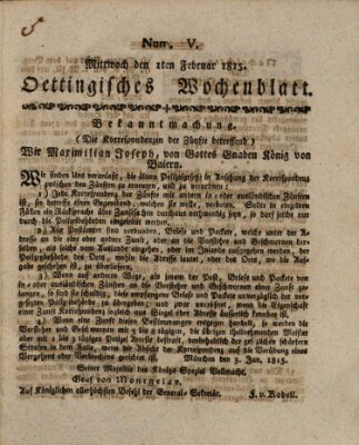 Oettingisches Wochenblatt Mittwoch 1. Februar 1815