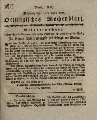 Oettingisches Wochenblatt Mittwoch 12. April 1815