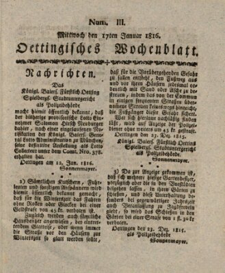 Oettingisches Wochenblatt Mittwoch 17. Januar 1816