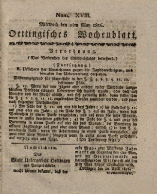 Oettingisches Wochenblatt Mittwoch 1. Mai 1816