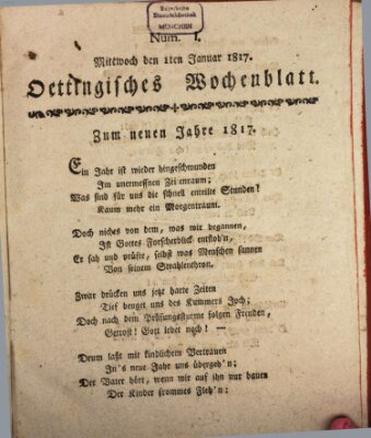 Oettingisches Wochenblatt Mittwoch 1. Januar 1817