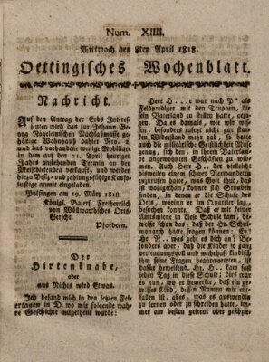 Oettingisches Wochenblatt Mittwoch 8. April 1818