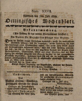 Oettingisches Wochenblatt Mittwoch 7. Juli 1819