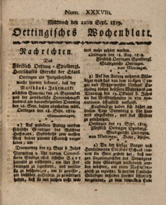 Oettingisches Wochenblatt Mittwoch 22. September 1819