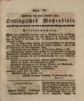 Oettingisches Wochenblatt Mittwoch 9. Februar 1820