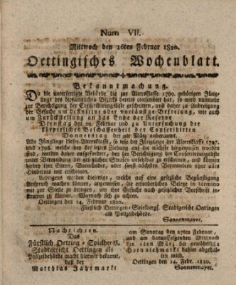 Oettingisches Wochenblatt Mittwoch 16. Februar 1820
