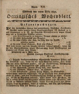 Oettingisches Wochenblatt Mittwoch 22. März 1820