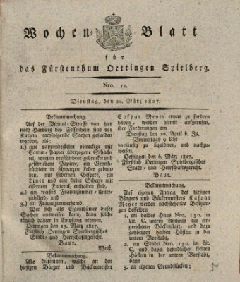 Wochenblatt für das Fürstenthum Oettingen-Spielberg (Oettingisches Wochenblatt) Dienstag 20. März 1827