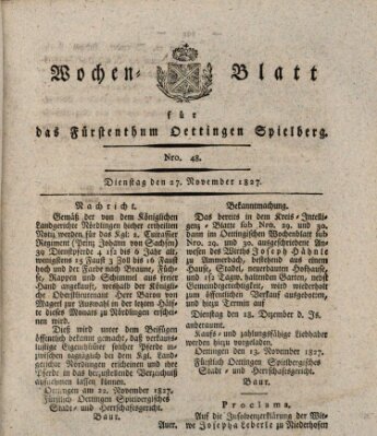 Wochenblatt für das Fürstenthum Oettingen-Spielberg (Oettingisches Wochenblatt) Dienstag 27. November 1827