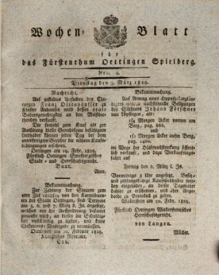 Wochenblatt für das Fürstenthum Oettingen-Spielberg (Oettingisches Wochenblatt) Dienstag 3. März 1829