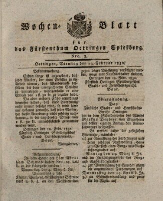 Wochenblatt für das Fürstenthum Oettingen-Spielberg (Oettingisches Wochenblatt) Dienstag 23. Februar 1830