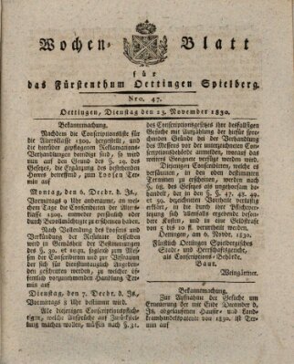 Wochenblatt für das Fürstenthum Oettingen-Spielberg (Oettingisches Wochenblatt) Dienstag 23. November 1830